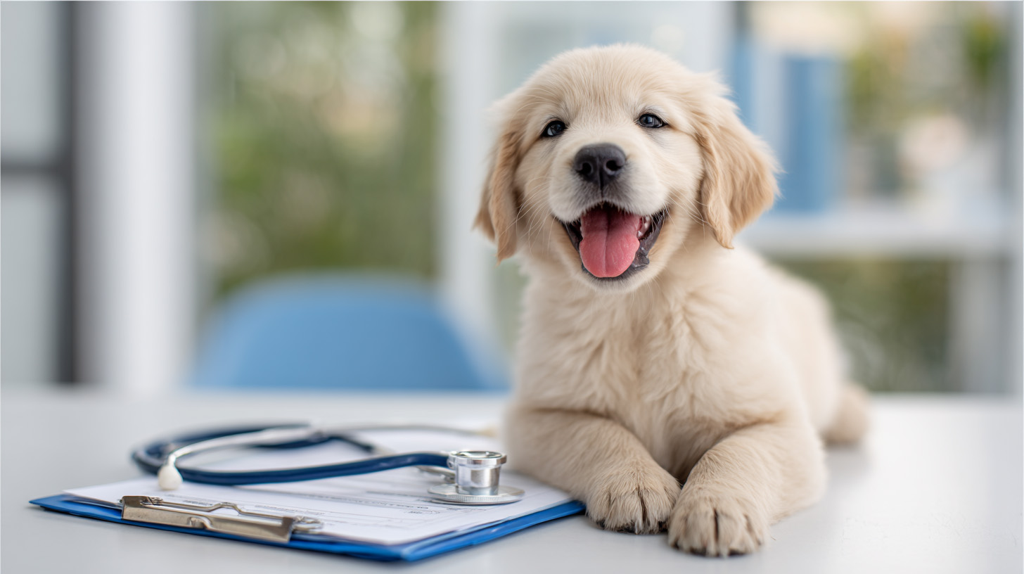 Welpe versichern: Goldener Retriever Welpe mit Versicherungsunterlagen und Stethoskop - kompletter Guide für Ersthundebesitzer 2026